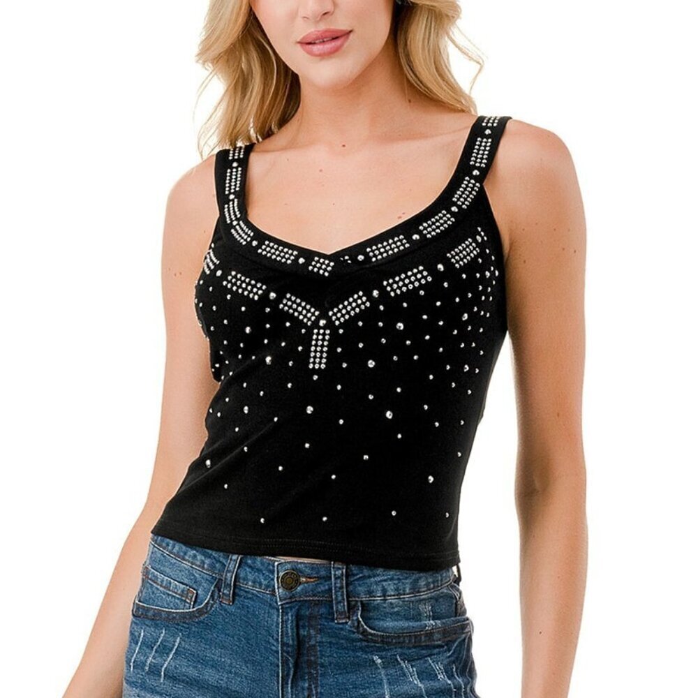 New Mix Rhinestones & Studs Women’s V Neck Black Sleeveless Top NWT